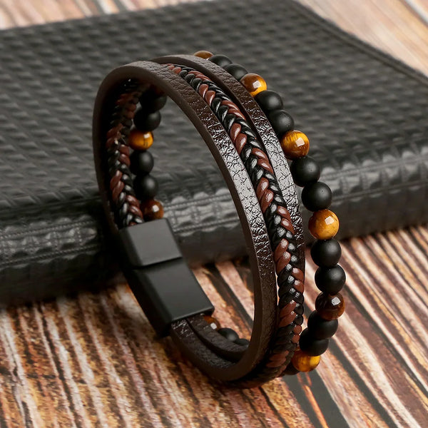 Biker Layered Leather & Bead Bracelet
