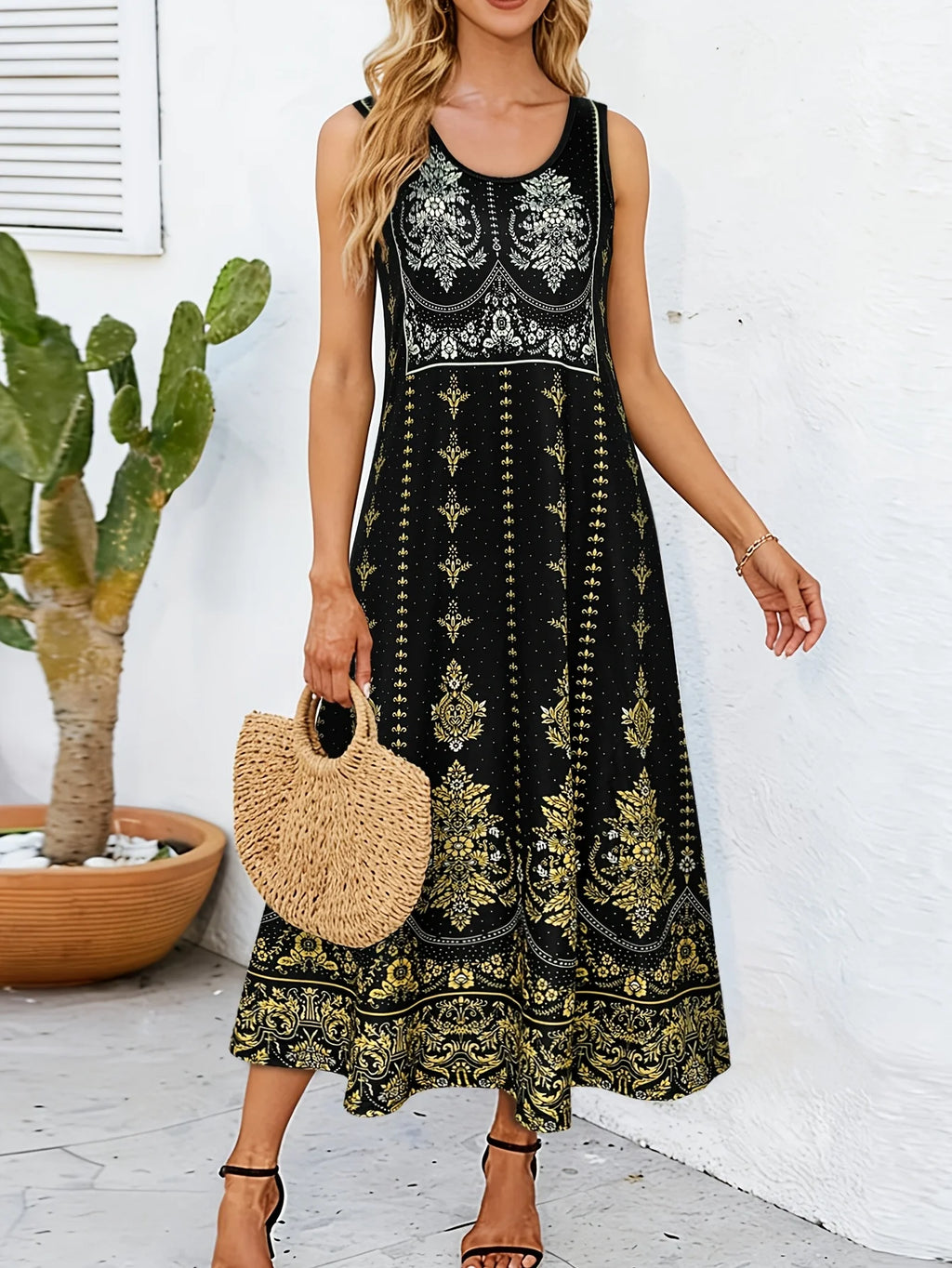 Golden Hour Ornate Print Sleeveless Dress