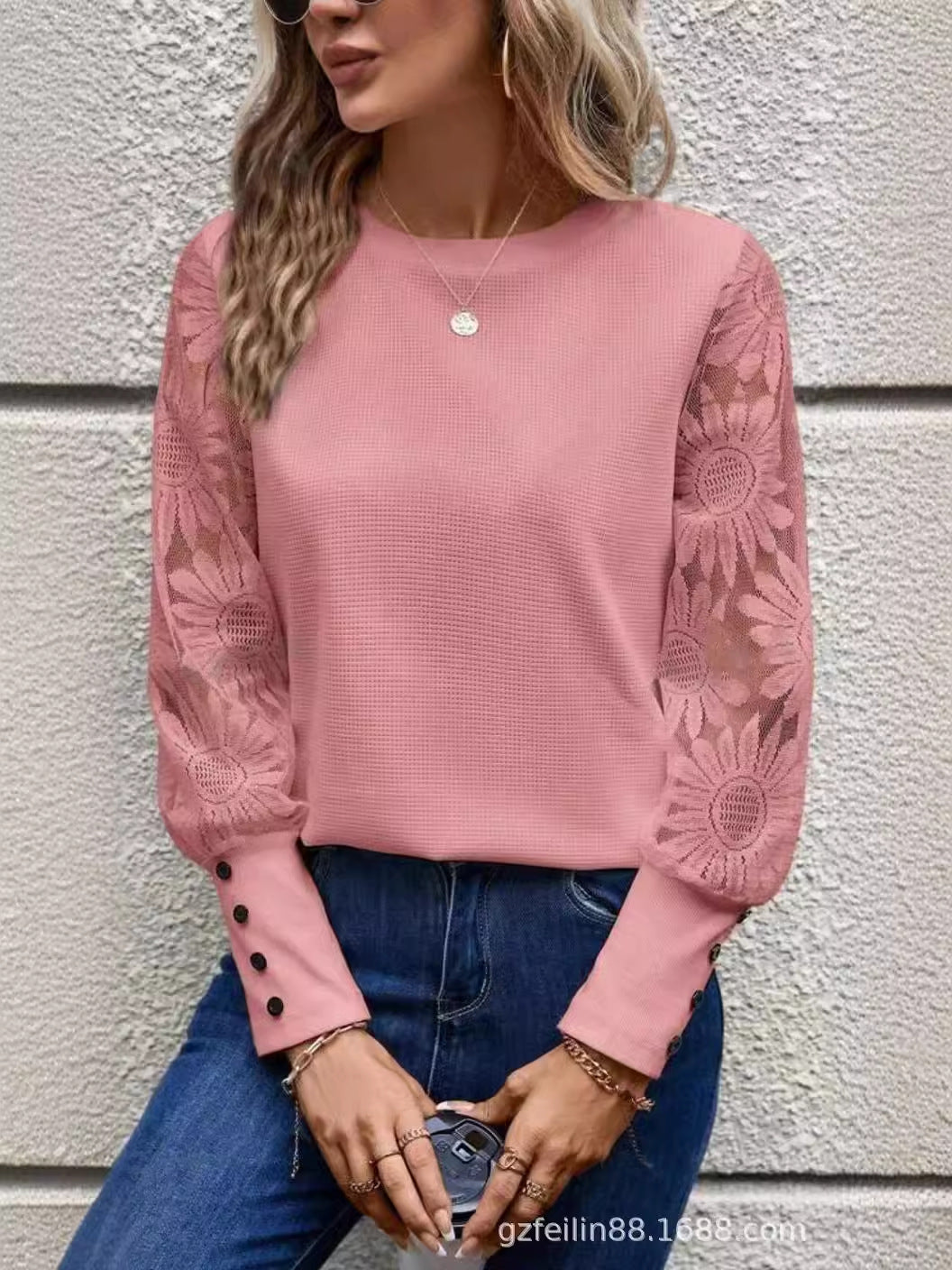 Soft Flirt Lace-Sleeve Waffle Top