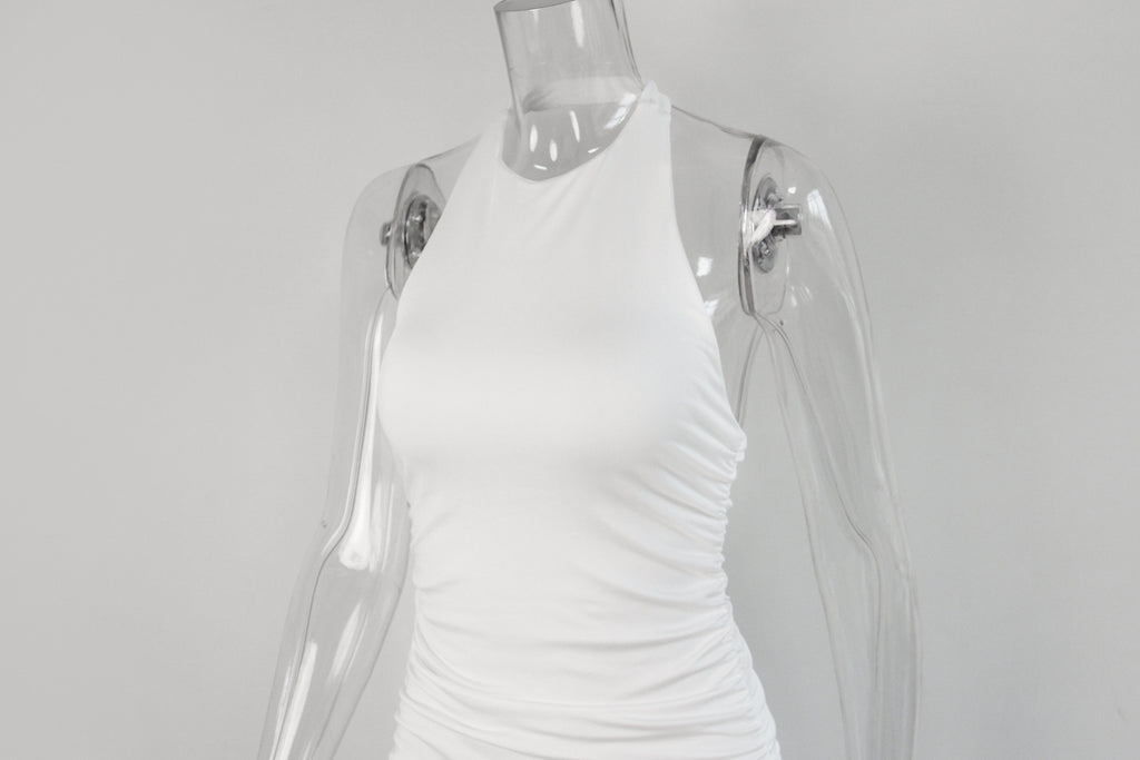 Moonlit Muse Ruched Halter Mini Dress