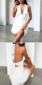 Stolen Glances Plunge Halter Mini Dress