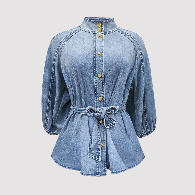 Denim Days Belted Puff-Sleeve Shirt