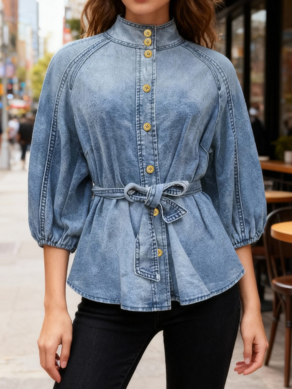 Denim Days Belted Puff-Sleeve Shirt