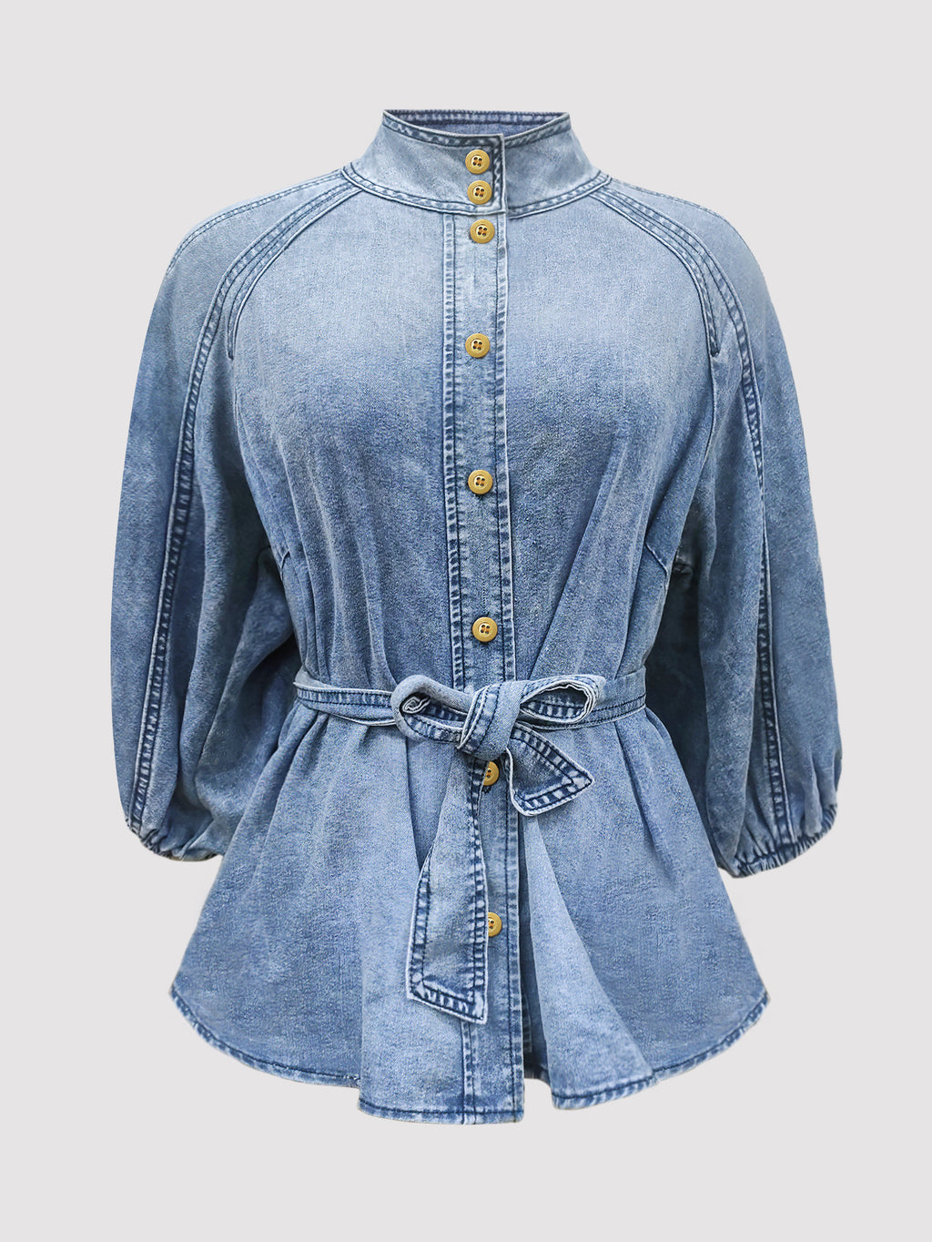 Denim Days Belted Puff-Sleeve Shirt