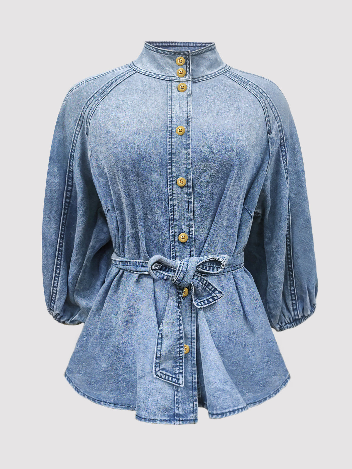 Denim Days Belted Puff-Sleeve Shirt