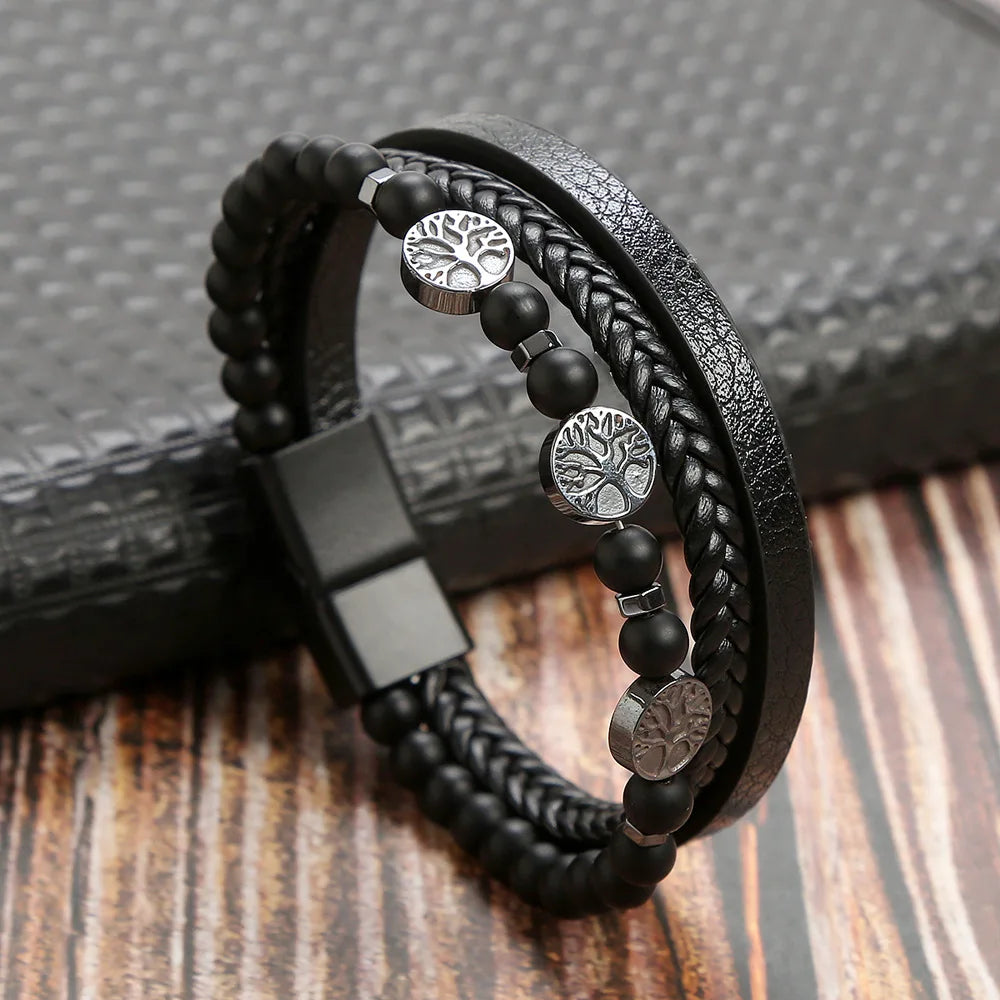 Biker Layered Leather & Bead Bracelet