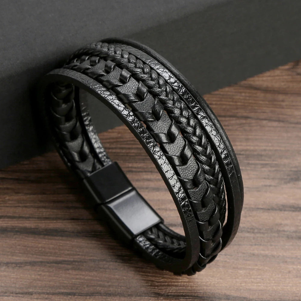 Biker Layered Leather & Bead Bracelet