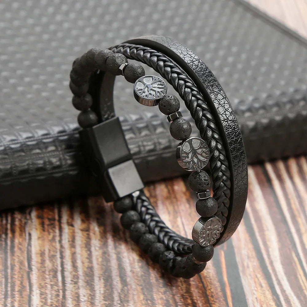Biker Layered Leather & Bead Bracelet