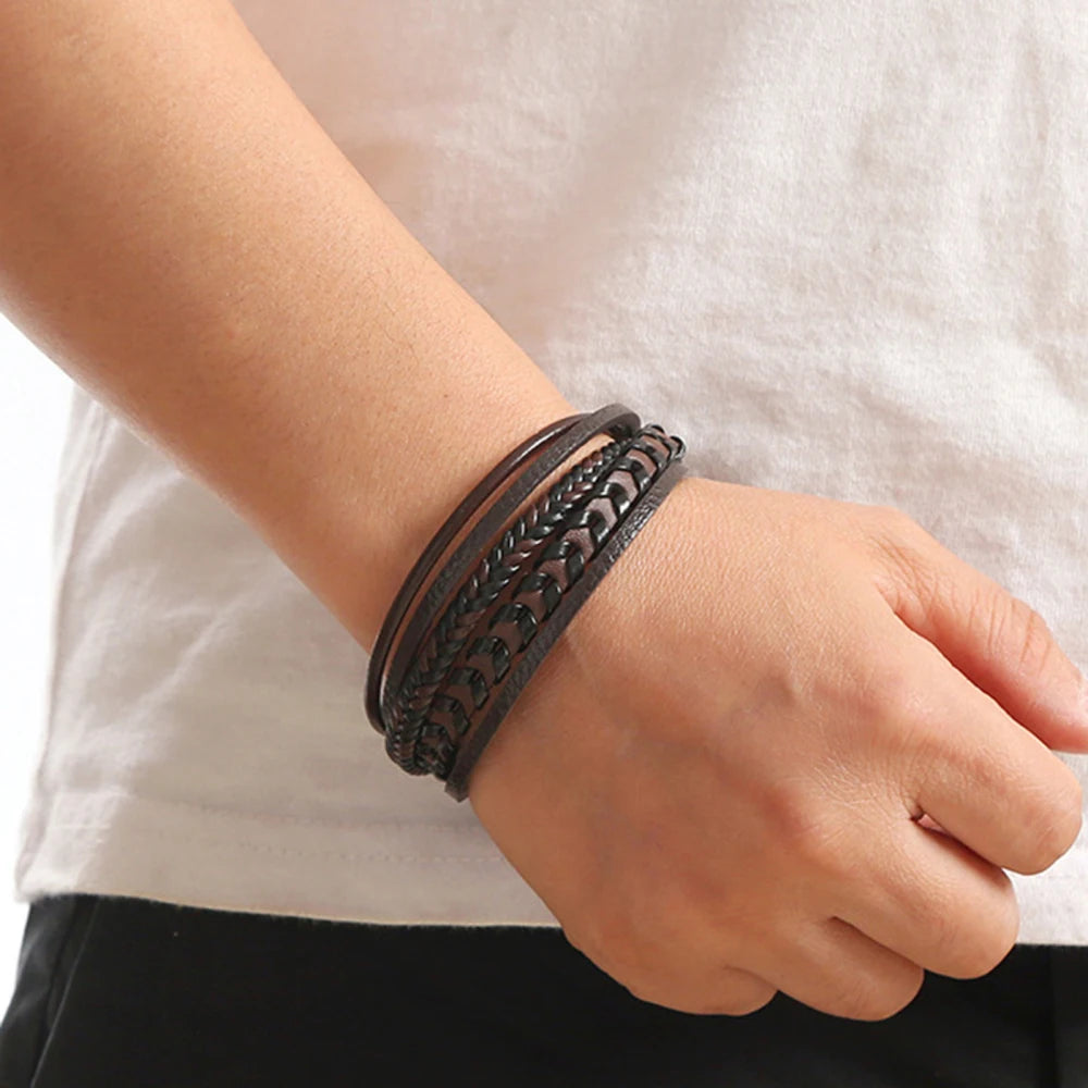 Biker Layered Leather & Bead Bracelet