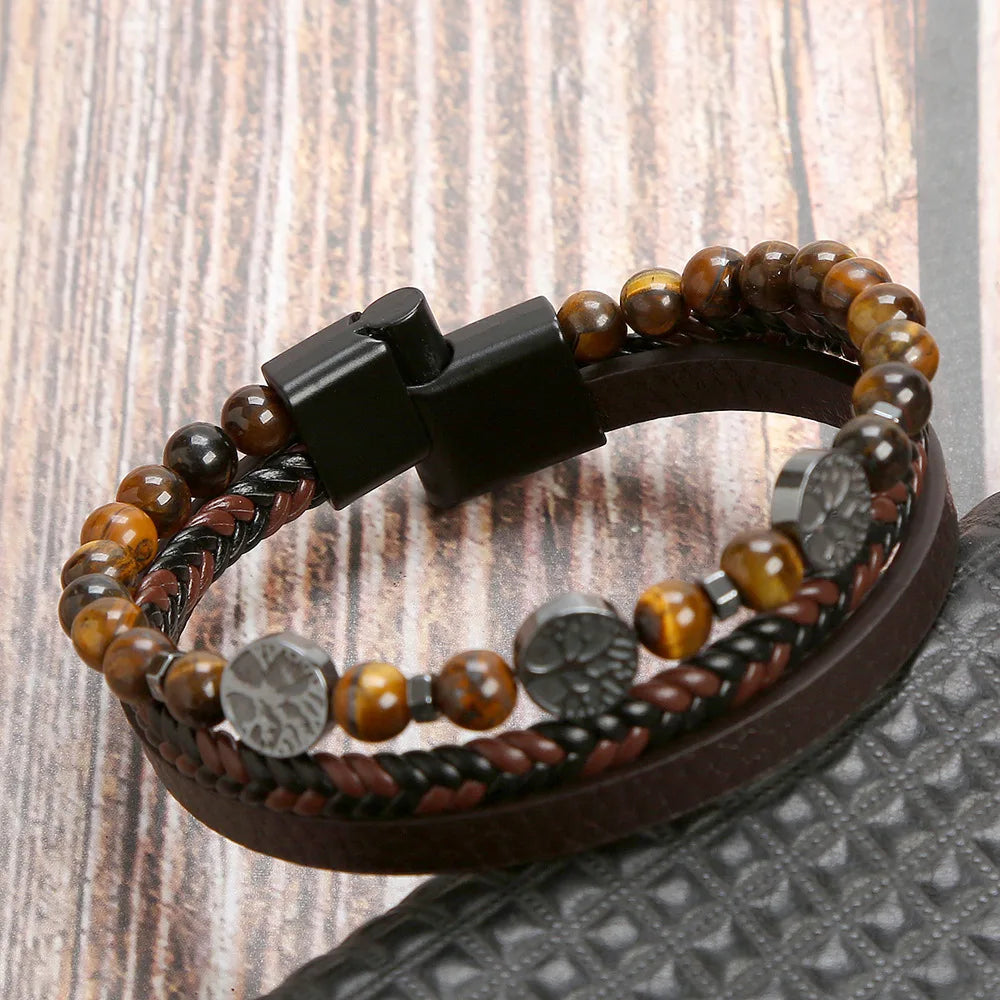 Biker Layered Leather & Bead Bracelet