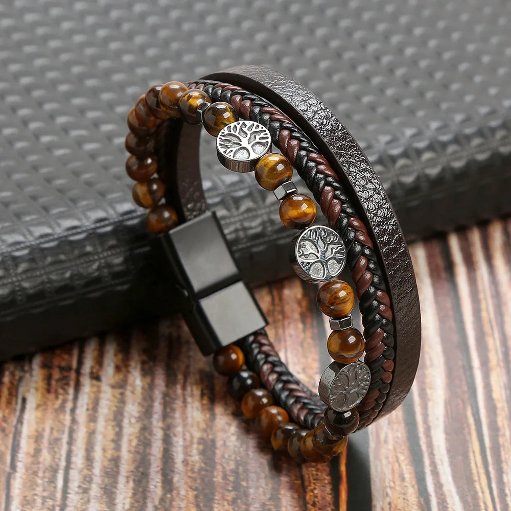 Biker Layered Leather & Bead Bracelet