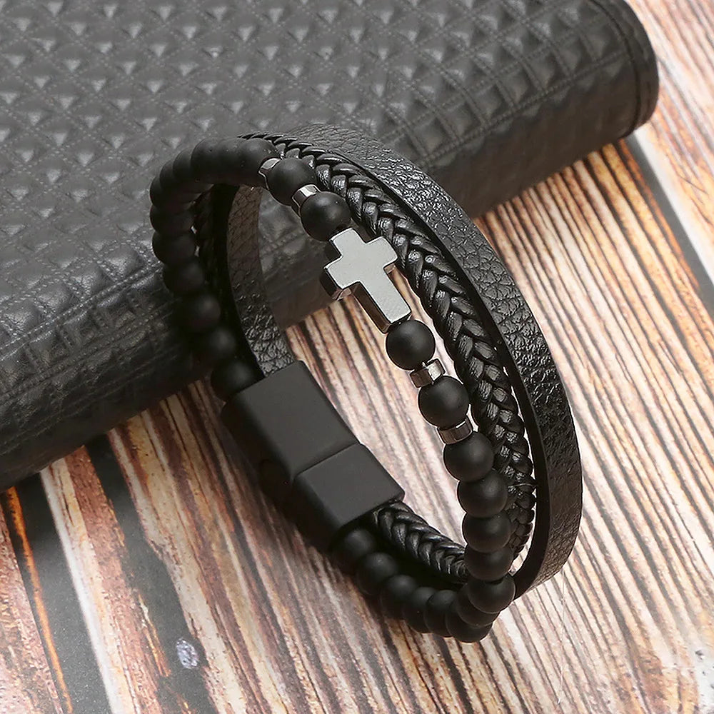 Biker Layered Leather & Bead Bracelet