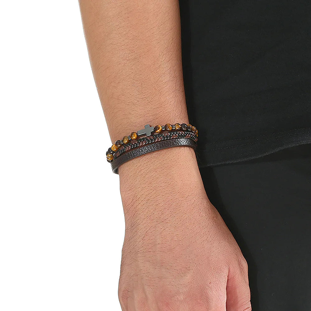 Biker Layered Leather & Bead Bracelet