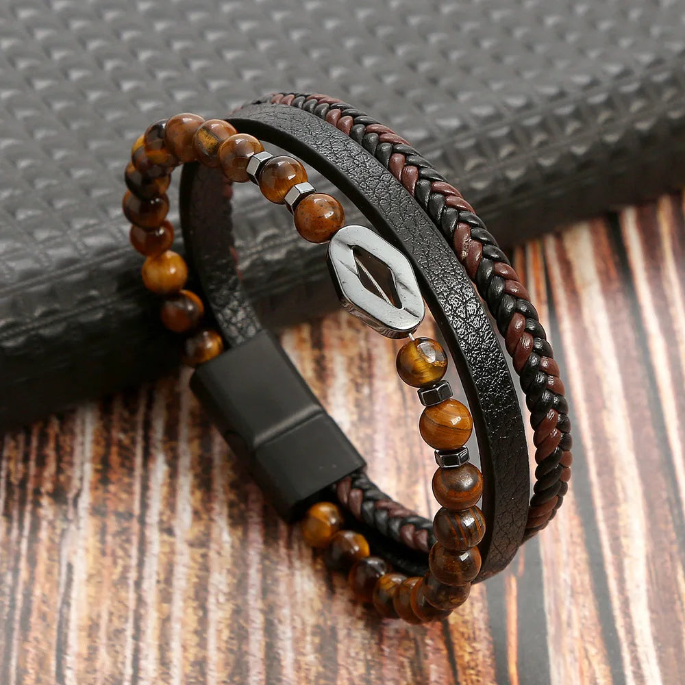 Biker Layered Leather & Bead Bracelet