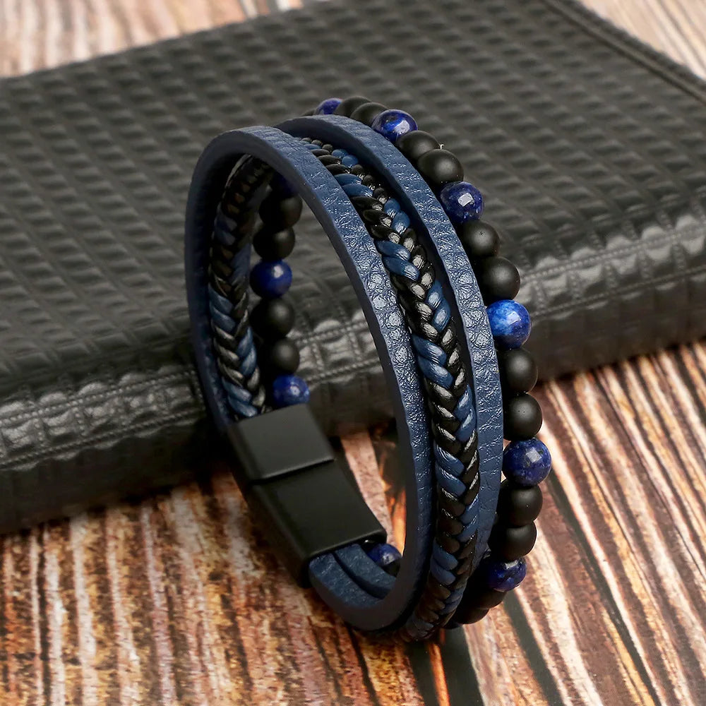 Biker Layered Leather & Bead Bracelet