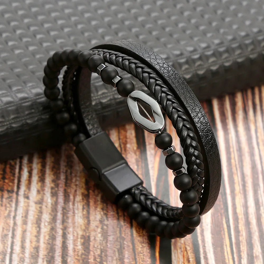 Biker Layered Leather & Bead Bracelet