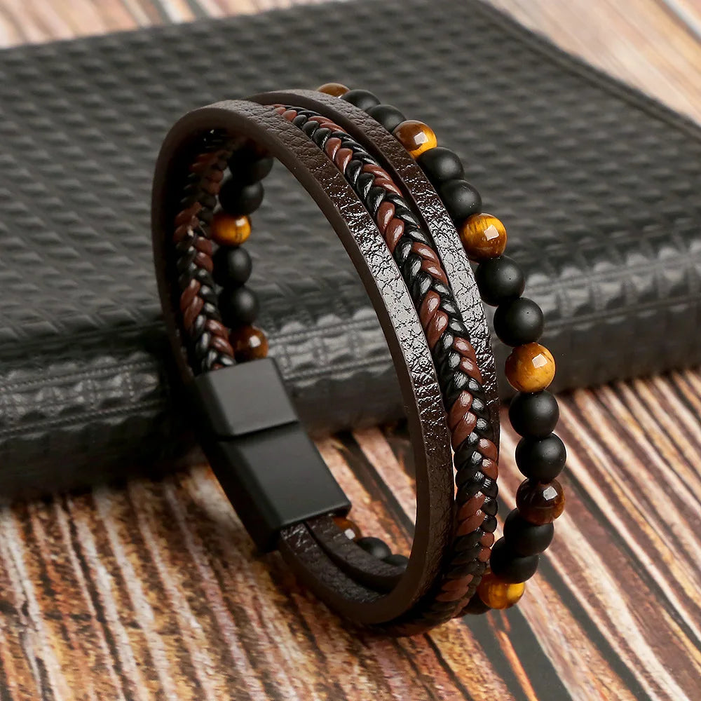 Biker Layered Leather & Bead Bracelet