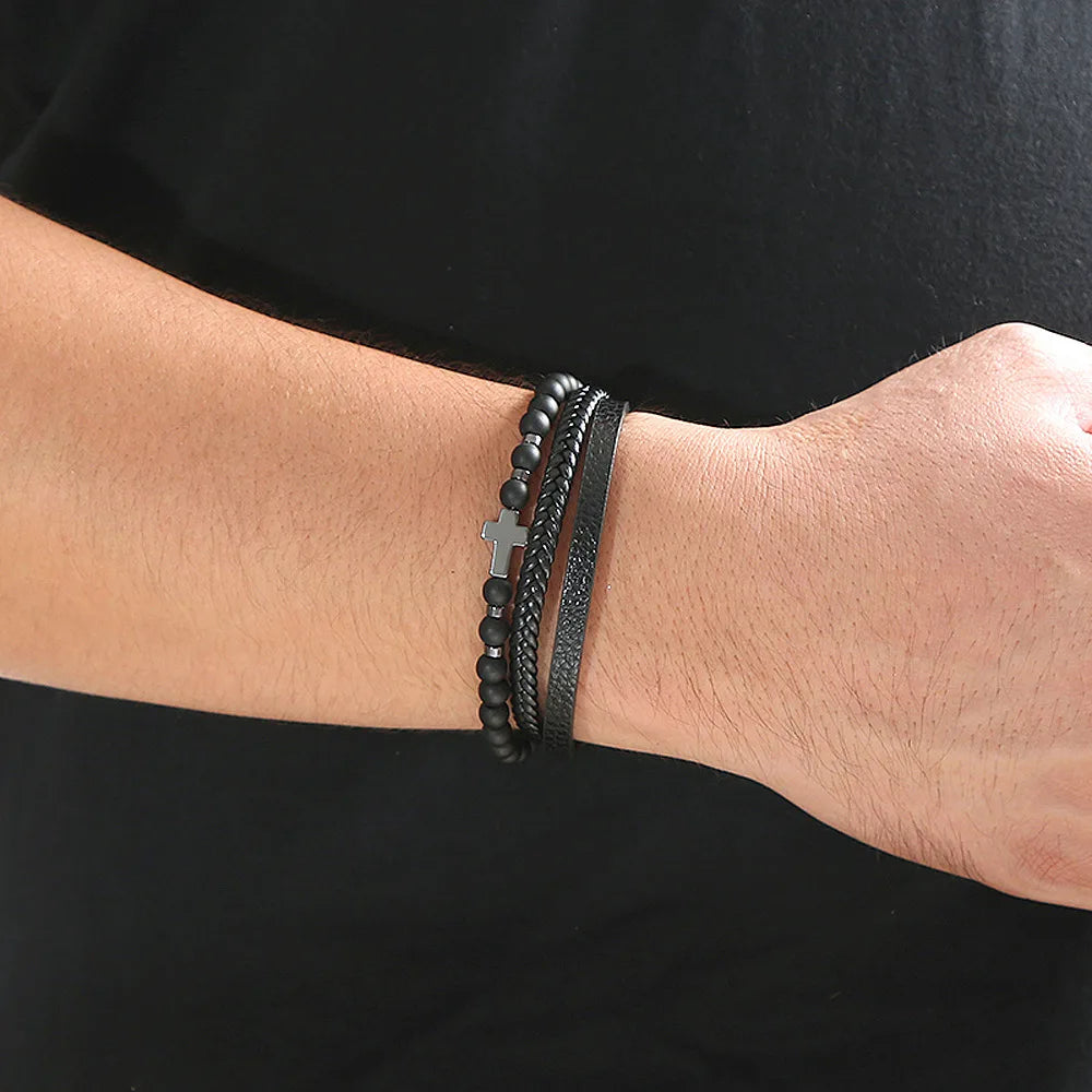 Biker Layered Leather & Bead Bracelet
