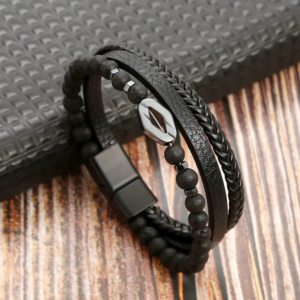 Biker Layered Leather & Bead Bracelet