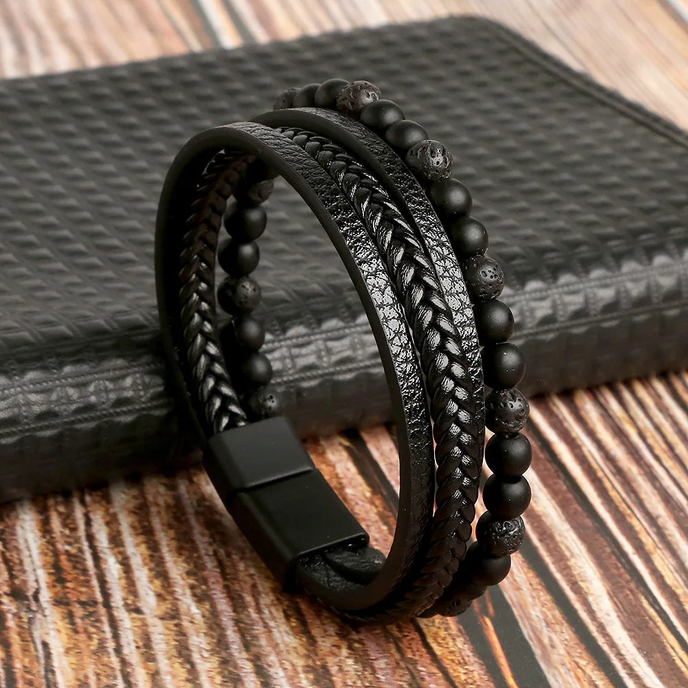 Biker Layered Leather & Bead Bracelet
