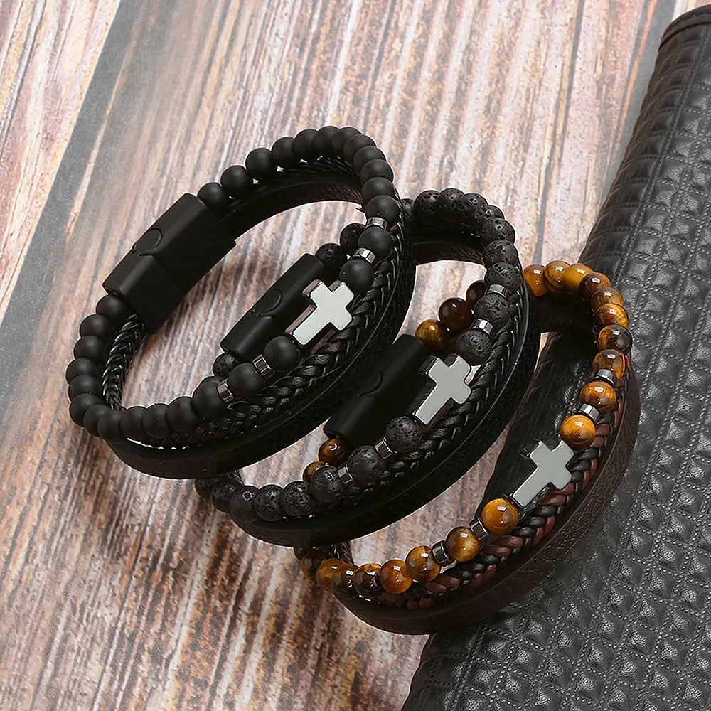 Biker Layered Leather & Bead Bracelet