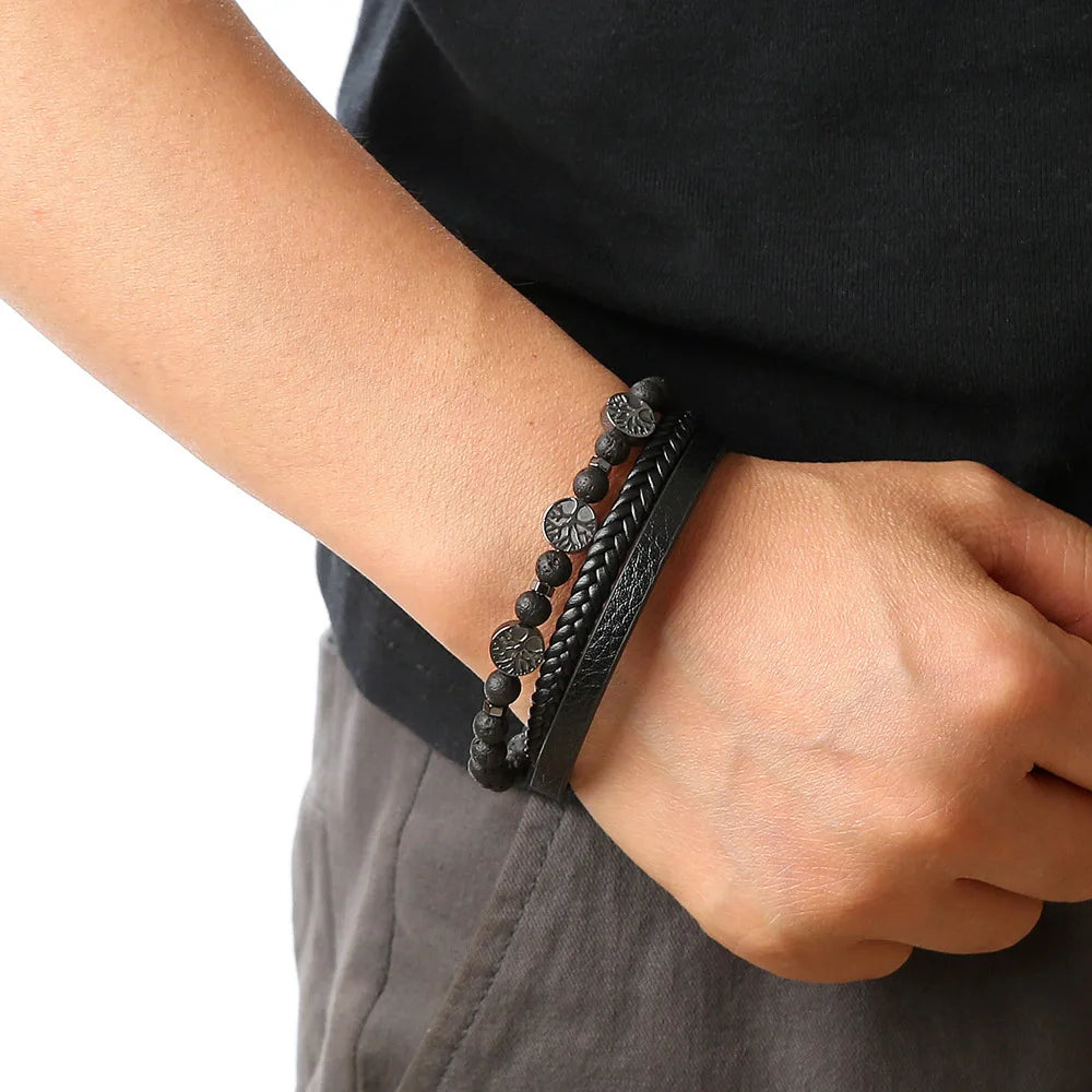 Biker Layered Leather & Bead Bracelet