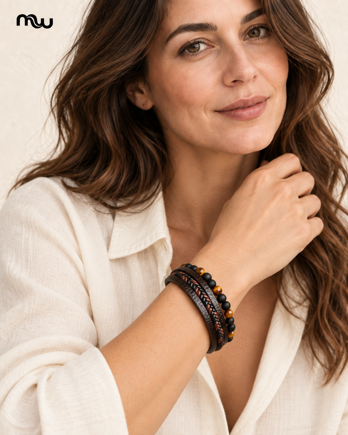 Female model wearing the Biker Layered Leather & Bead Bracelet