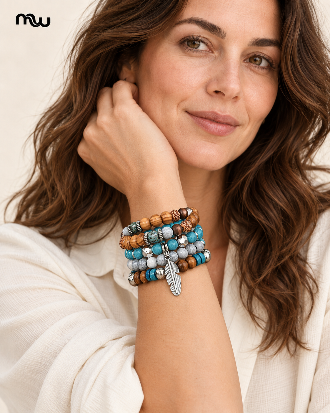 Female model wearing the Nomad Turquoise-Tone Beaded Bracelet Stack