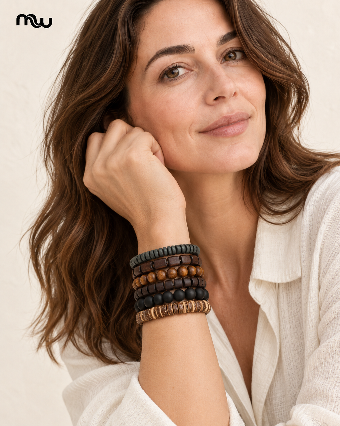 Female model wearing the Driftwood Six-Piece Beaded Bracelet Set