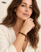 Female model wearing the Ember Tiger's Eye Beaded Bracelet