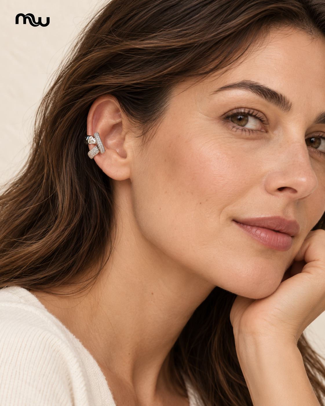 Female model wearing the Duet Hammered & Pavé Ear Cuff