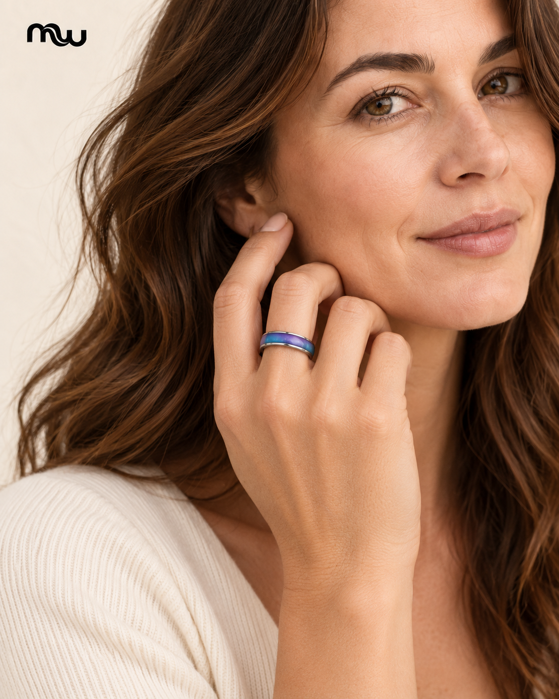Female model wearing the Aura Colour-Shift Mood Ring