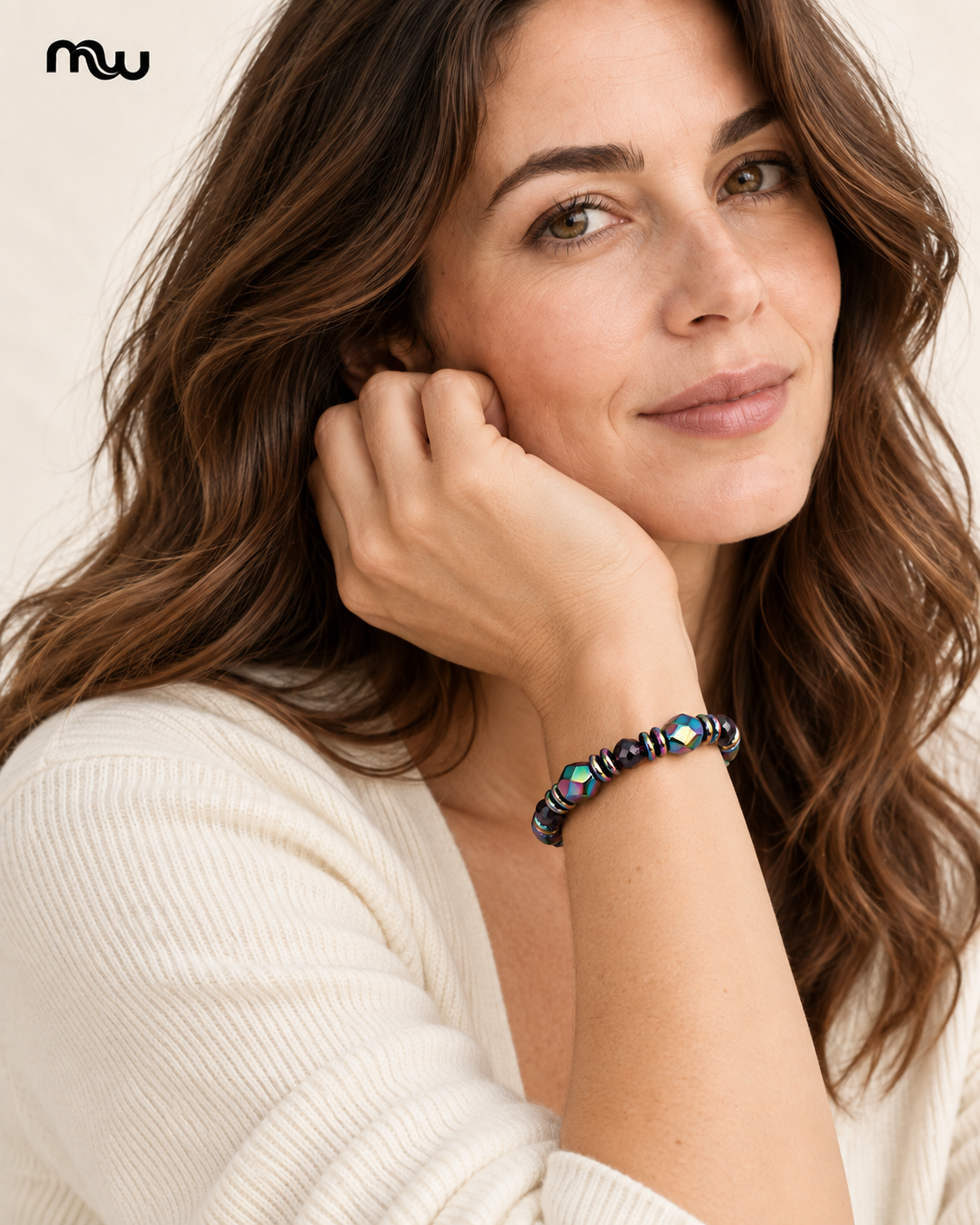 Female model wearing the Prism Iridescent Beaded Bracelet