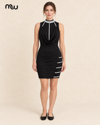Female model wearing the After Hours Crystal-Strap Bodycon Dress over a separate black underdress; underdress not included.