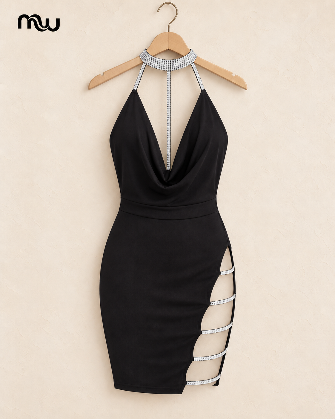 Black After Hours bodycon dress with draped neckline and crystal-look collar and side straps, displayed on a hanger with the mw logo.