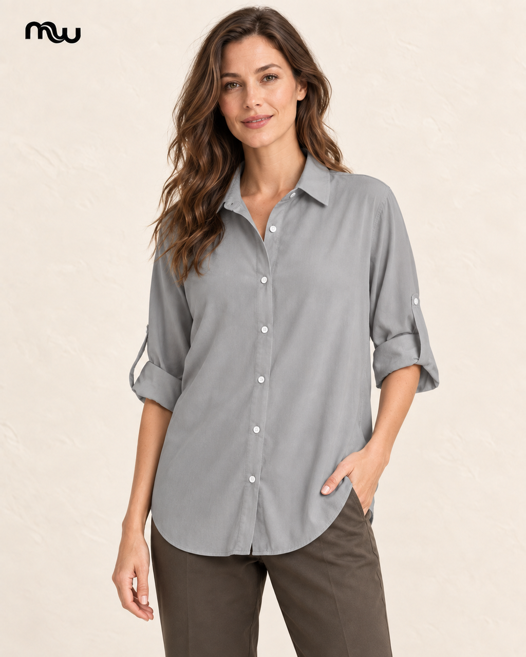 Female model wearing the Off Duty Roll-Sleeve Shirt