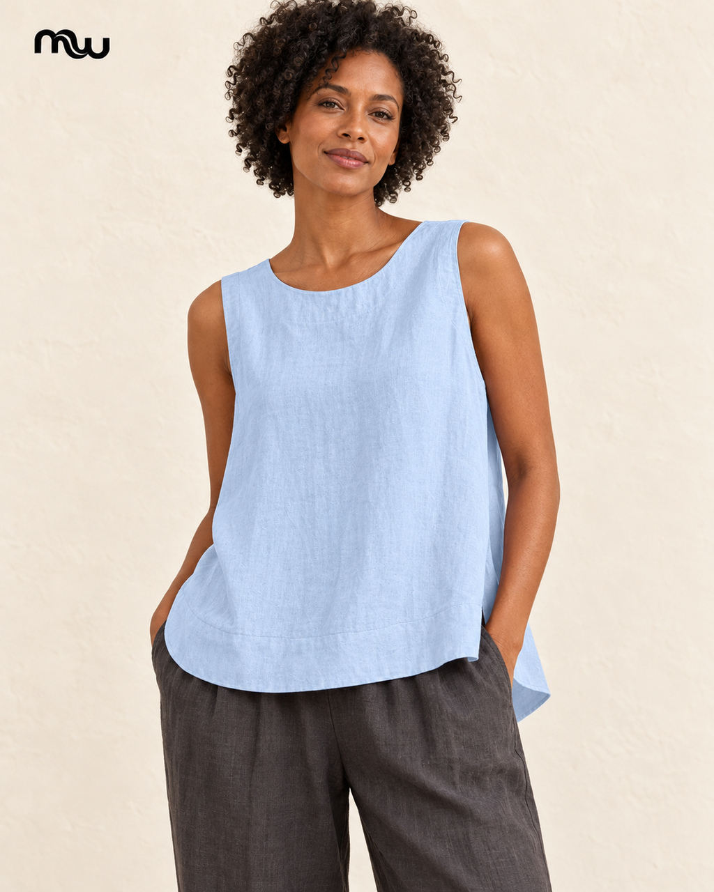 Female model wearing the Sea Breeze Relaxed Sleeveless Top