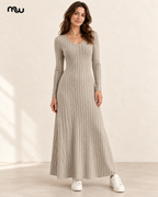 Female model wearing the Long Game Ribbed Knit Maxi Dress
