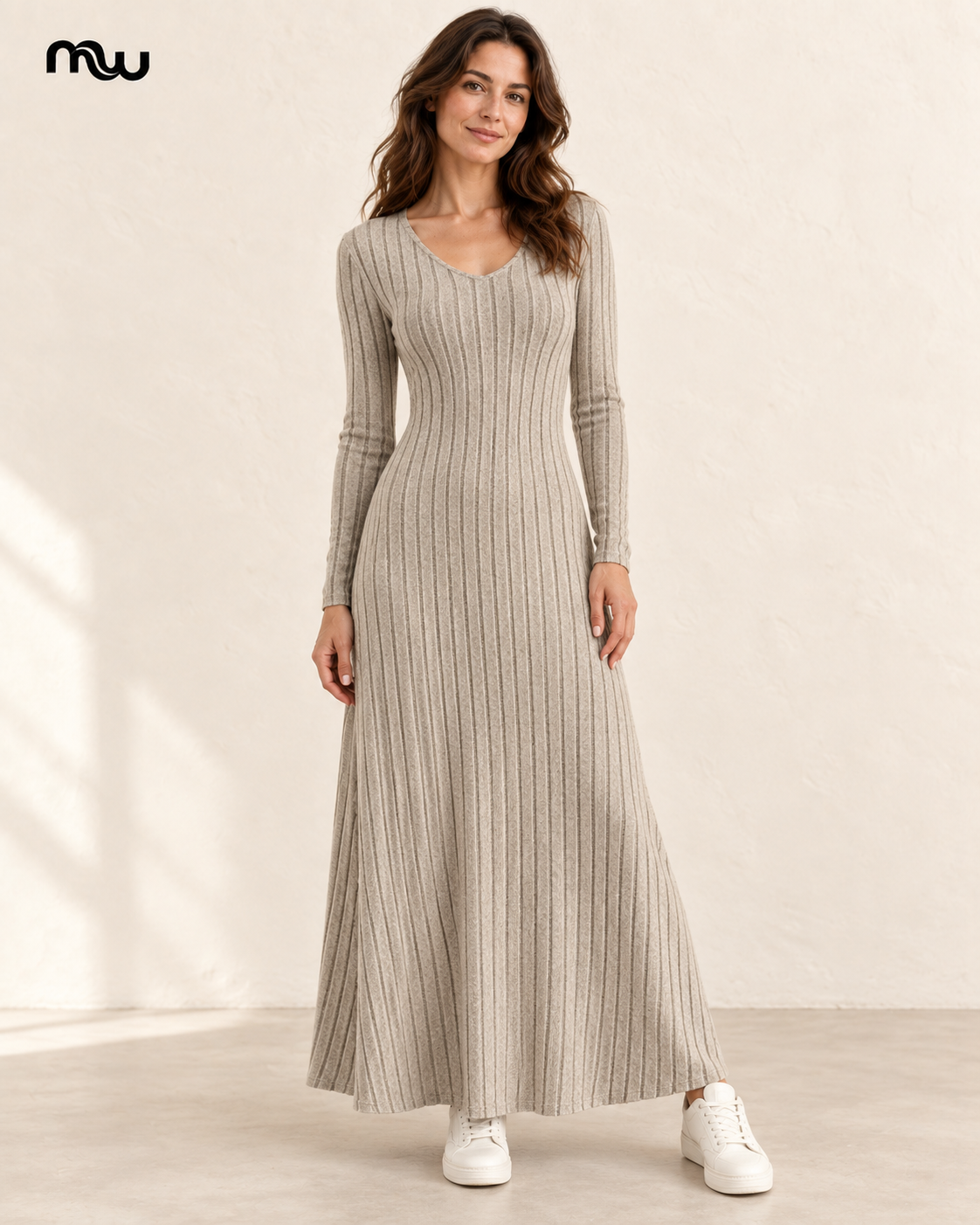 Female model wearing the Long Game Ribbed Knit Maxi Dress