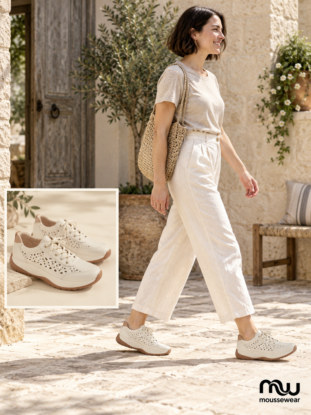Female model wearing Sunlit Steps Cut-Out Wedge Trainers, with shoe close-up and Moussewear logo