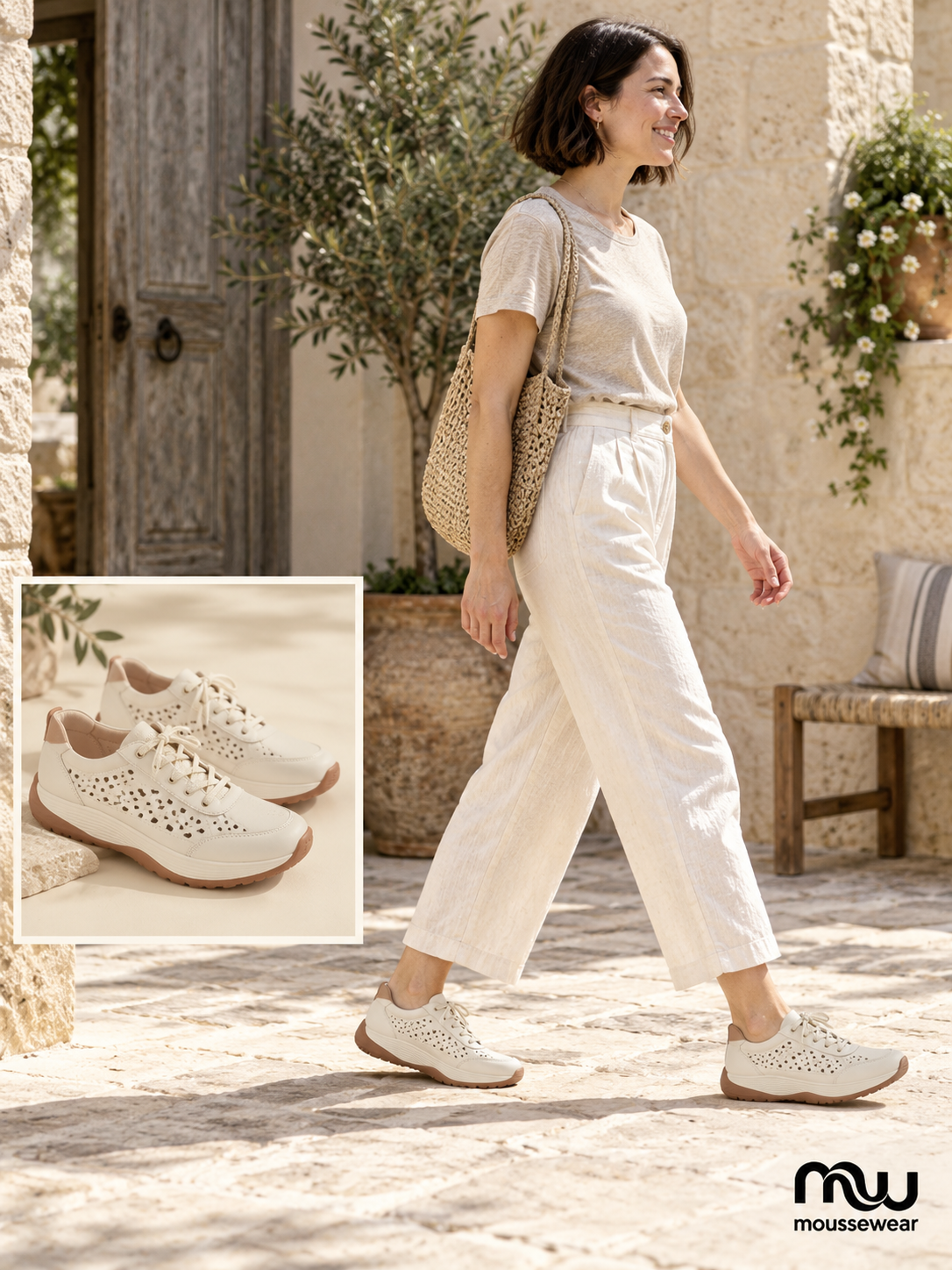 Female model wearing Sunlit Steps Cut-Out Wedge Trainers, with shoe close-up and Moussewear logo