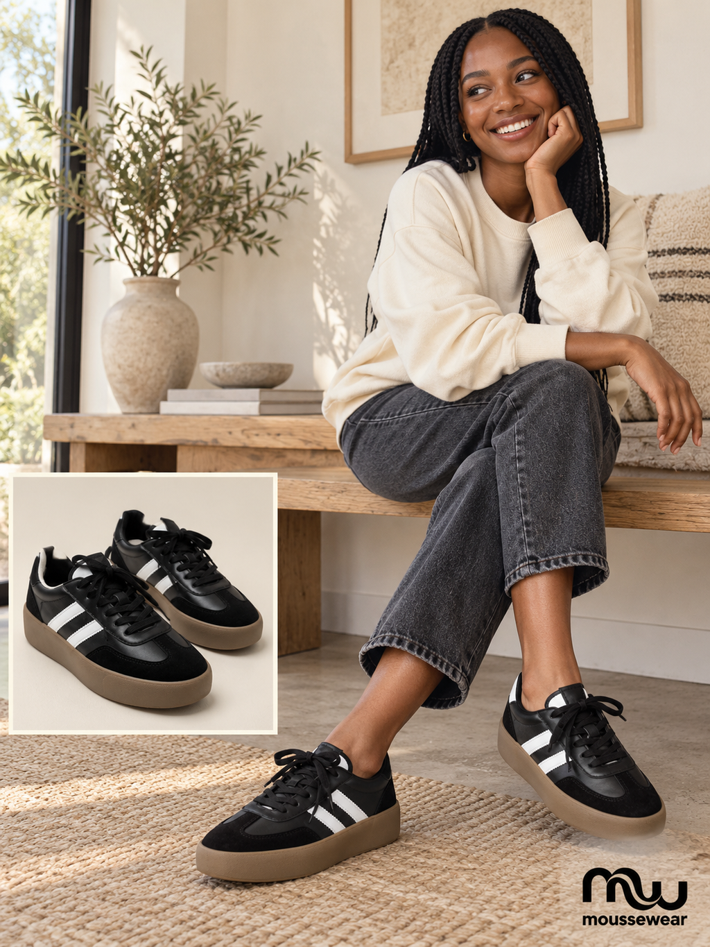 Female model wearing Back in Time Retro Trainers, with shoe close-up and Moussewear logo