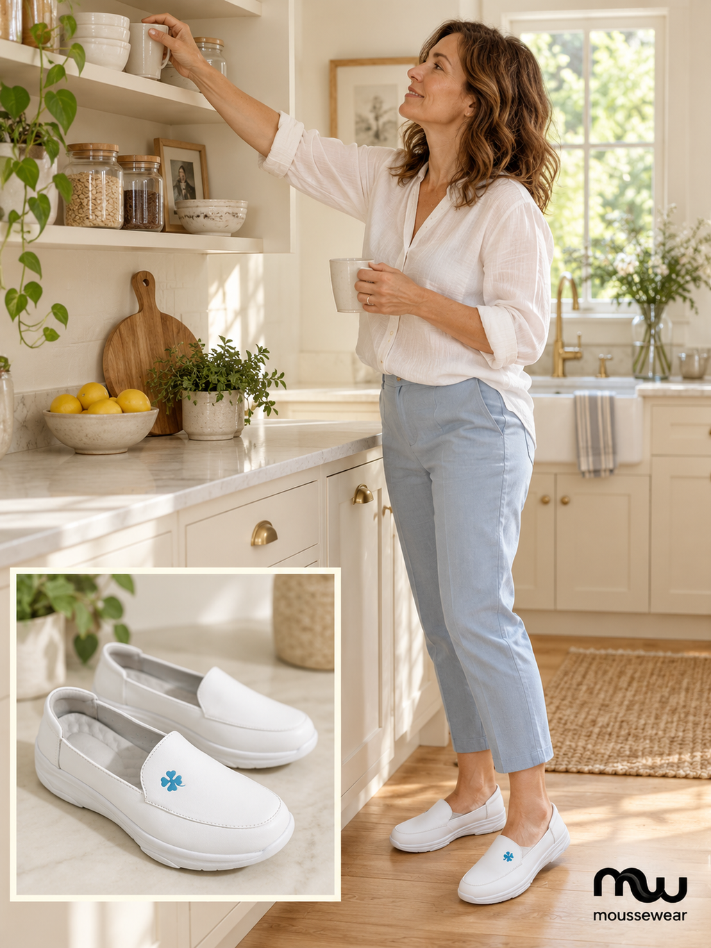 Female model wearing Blue Bloom Slip-On Shoes, with shoe close-up and Moussewear logo