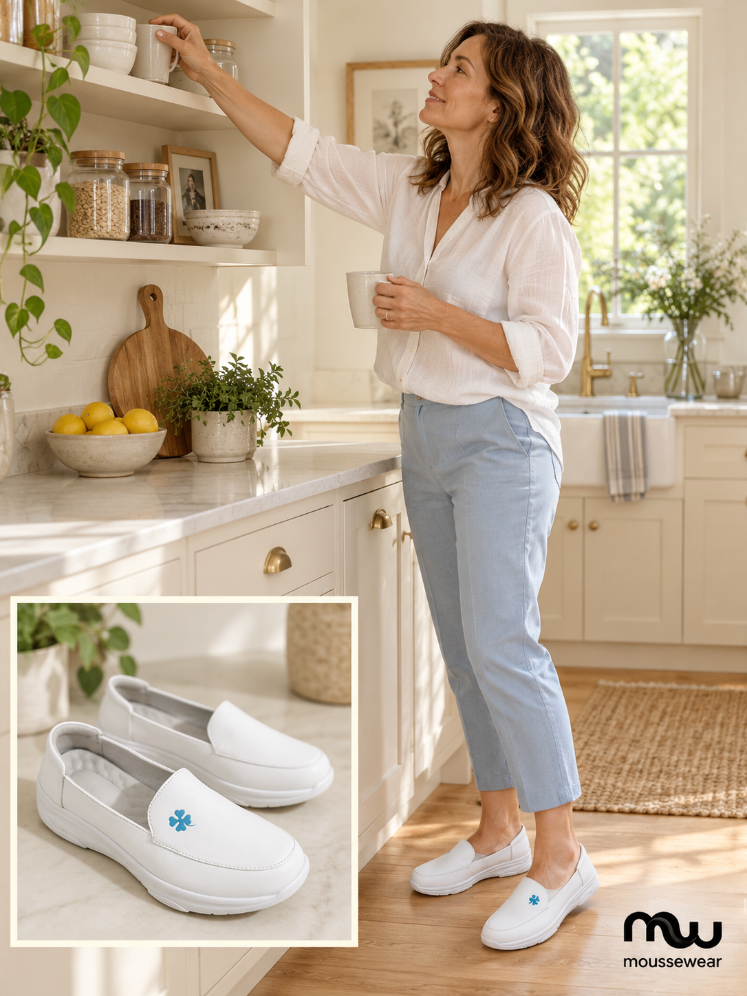 Female model wearing Blue Bloom Slip-On Shoes, with shoe close-up and Moussewear logo