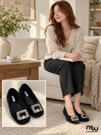 Female model wearing Fireside Sparkle Buckle Flats, with shoe close-up and Moussewear logo