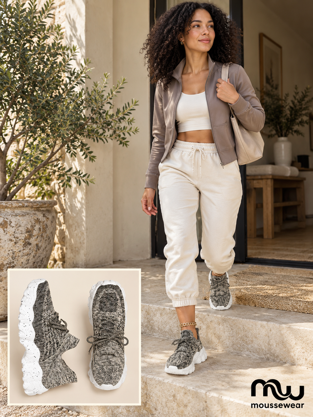 Female model wearing Easy Rhythm Knit Trainers, with shoe close-up and Moussewear logo