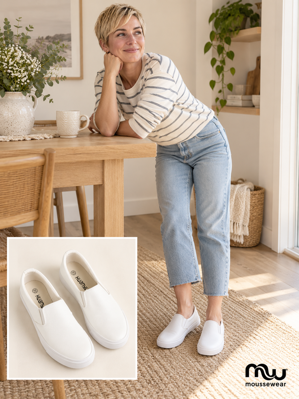 Female model wearing Clean Slate Slip-On Trainers, with shoe close-up and Moussewear logo