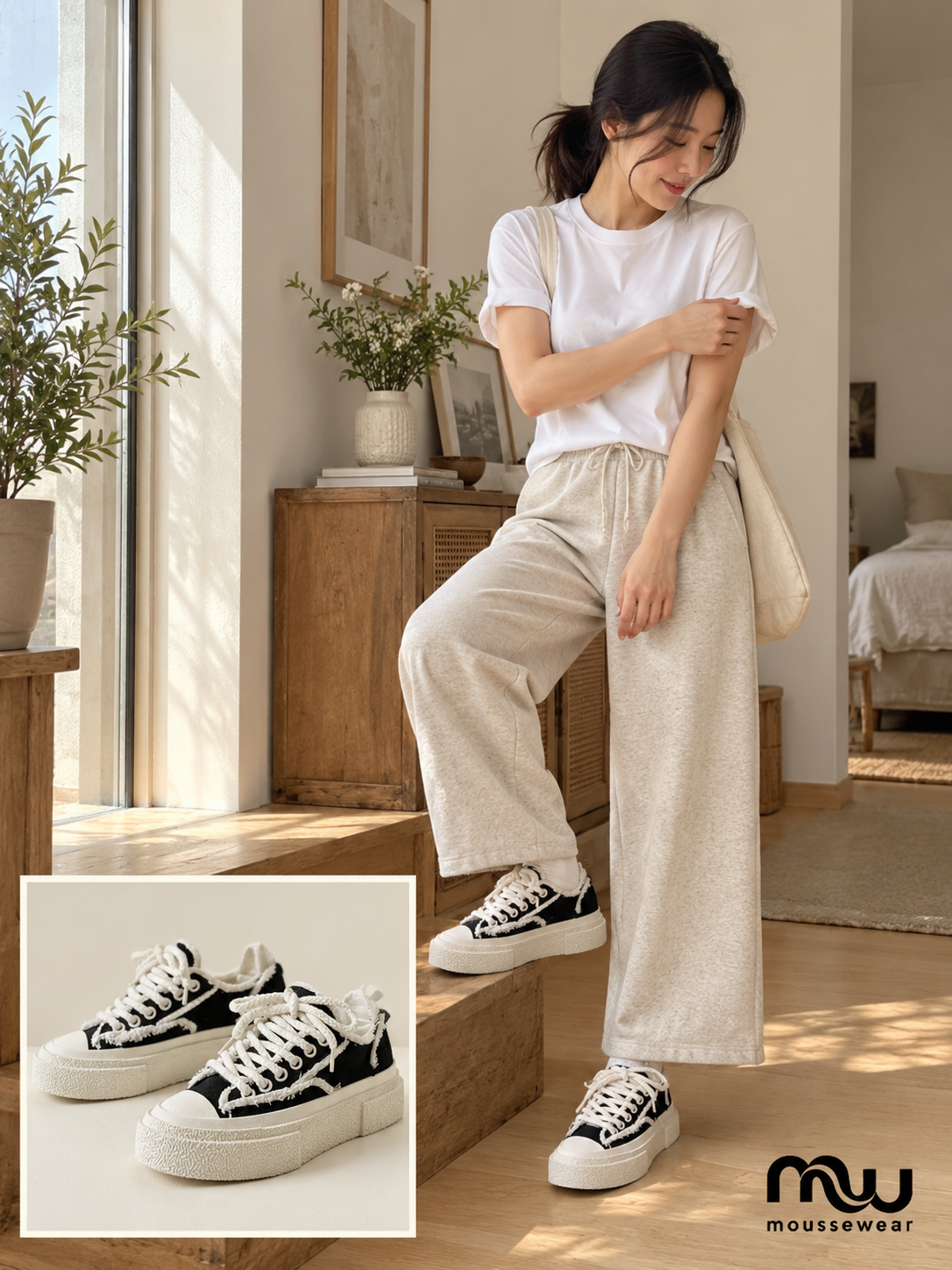 Female model wearing Weekend Edit Frayed Canvas Trainers, with shoe close-up and Moussewear logo
