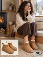Female model wearing Cabin Days Fleece-Lined Ankle Boots, with shoe close-up and Moussewear logo