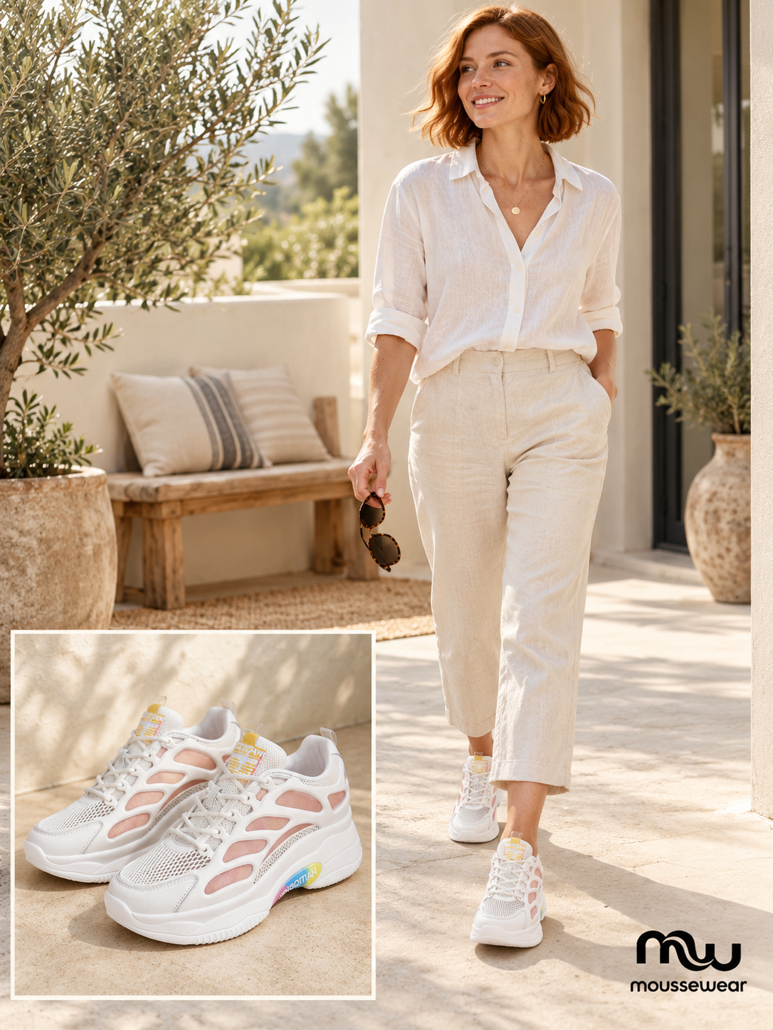 Female model wearing Airy Elevation Mesh Wedge Trainers, with shoe close-up and Moussewear logo